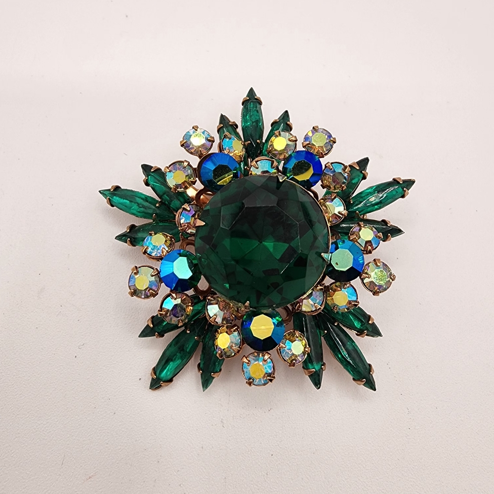 Vintage RARE Emerald Green and AB Rhinestone Brooxh